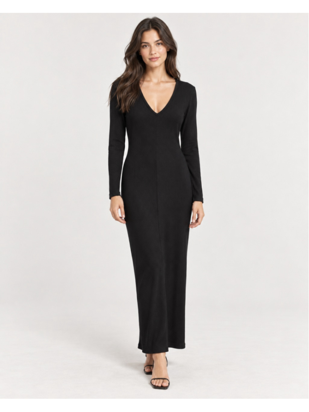 Marine Layer Black Ribbed Long Sleeve V-Neck Maxi Dress Size M